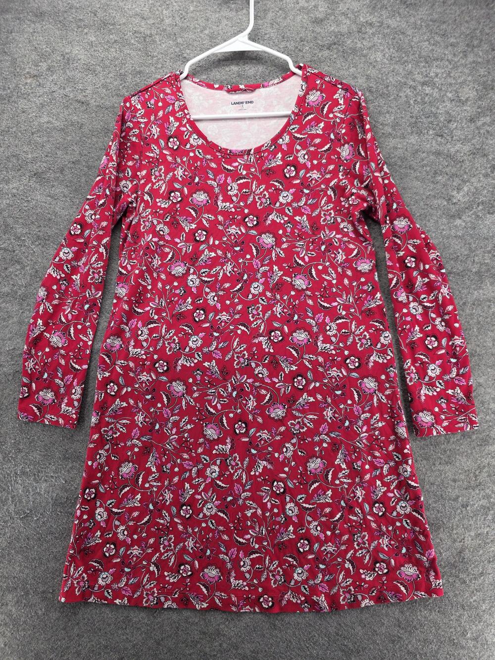 Lands' End Dress Womens S Red Knee Length T-Shirt Dress Long Sleeve Scoop Neck